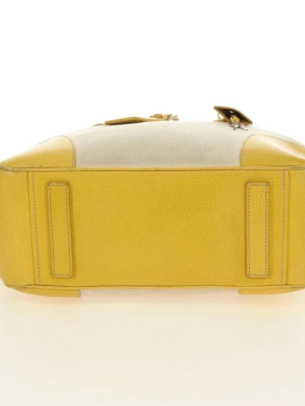 PRADA Hand Bag Canvas Leather Beige Yellow Silver Auth